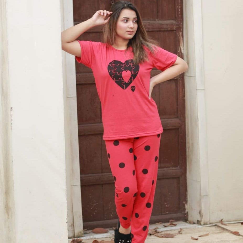 Polka Dots Heart Print Half Sleeves Nightsuit For Women Polka Dots Heart Print Half Sleeves Nightsuit For Women